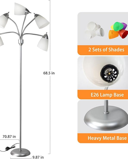 DINGLILIGHTING Floor Lamp Tall for Room: Flexible Gooseneck Floor Lamps Standing for Bedroom Home Office - Modern Floor Lights Silver 5-Light - LeafyLoom