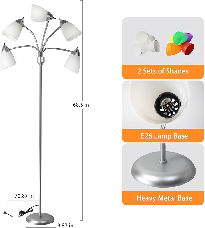 DINGLILIGHTING Floor Lamp Tall for Room: Flexible Gooseneck Floor Lamps Standing for Bedroom Home Office - Modern Floor Lights Silver 5-Light - LeafyLoom