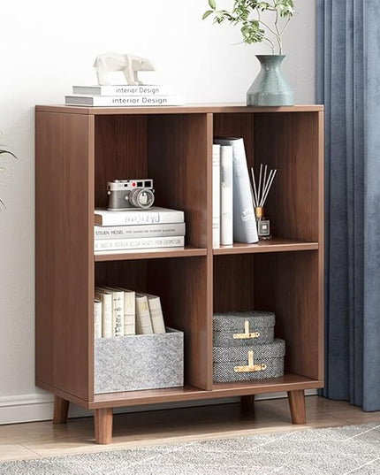 IOTXY Freestanding Open Cubes Bookcase - 2-Tier Floor Standing Wooden Storage Display Cabinet Organizer with Legs for Home Office, 4-Cubes Open Shelf Low Short Bookshelf, Walnut - LeafyLoom