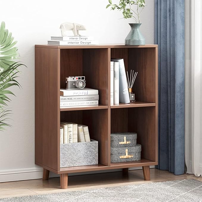 IOTXY Freestanding Open Cubes Bookcase - 2-Tier Floor Standing Wooden Storage Display Cabinet Organizer with Legs for Home Office, 4-Cubes Open Shelf Low Short Bookshelf, Walnut - LeafyLoom