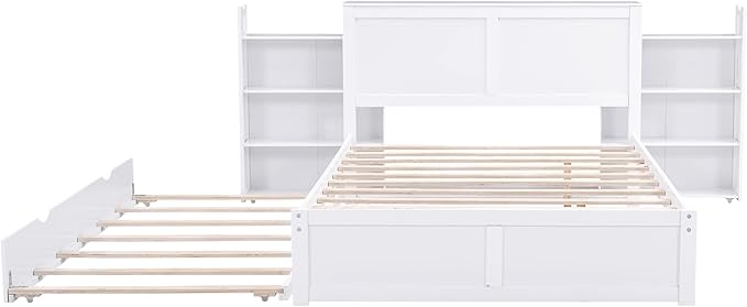 Full Size Bed Frame with Headboard and Twin Trundle, Wood Full Size Platform Bed with Pull Out Storage Shelves Headboard for Bedroom, White - LeafyLoom