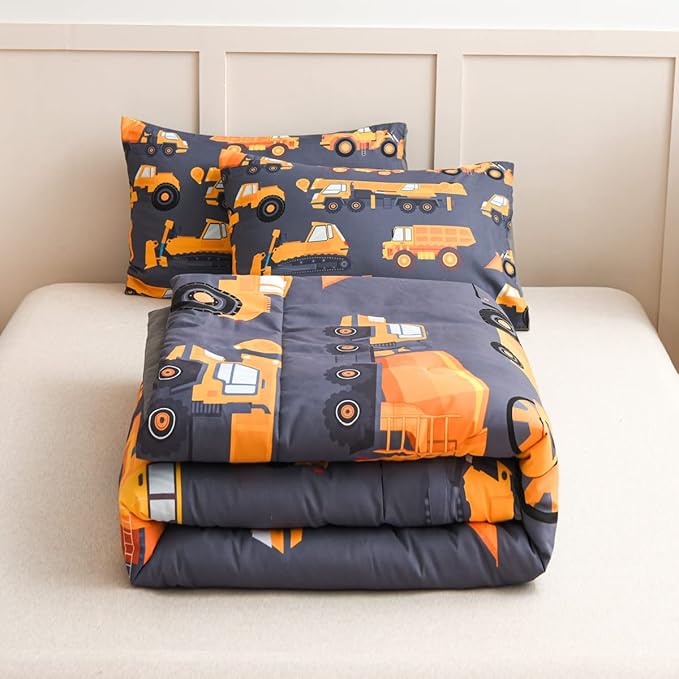 NTBED Construction Truck Comforter Set for Boys Kids Vehicles Excavator Cars Lightweight Microfiber Bedding Sets (Grey, Twin) - LeafyLoom