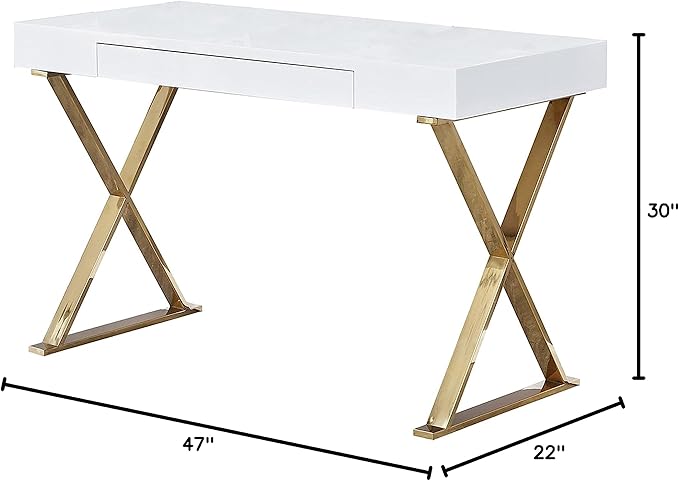 Best Master Furniture Barry Mid-Century High Gloss Home Office Desk with Gold Trim Frame - LeafyLoom