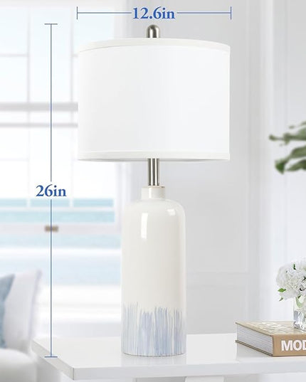 26" Ceramic Table Lamps Set of 2, Coastal Living Room Table Lamps with White Fabric Shades, Large Modern Bedside Lamps for Bedroom Nightstand Office Hotel Beach House, Blue Accent - LeafyLoom