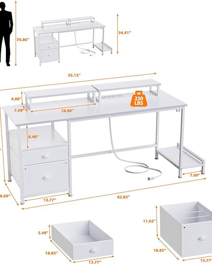 Furologee White Computer Desk with Drawer and Power Outlets, 55" Large Gaming Desk with Fabric File Cabinet and 2 Movable Monitor Shelves, Writing Table with CPU Stand and 2 Hooks for Home Office - LeafyLoom