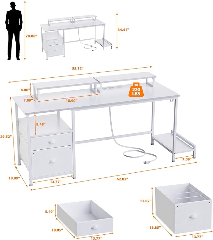 Furologee White Computer Desk with Drawer and Power Outlets, 55" Large Gaming Desk with Fabric File Cabinet and 2 Movable Monitor Shelves, Writing Table with CPU Stand and 2 Hooks for Home Office - LeafyLoom