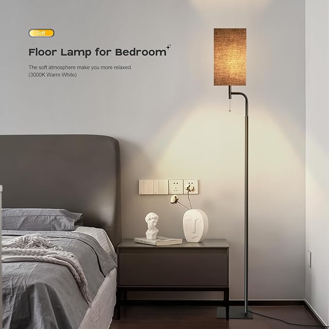 Modern Floor Lamp for Living Room, Black, 3 Color Temperatures, Linen Shade, Minimalist Design, Tall Lamp for Reading, Office, Bedroom - LeafyLoom