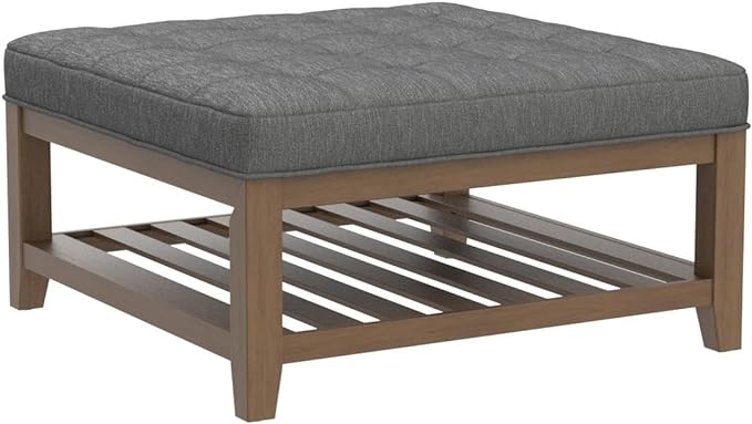 24KF Large Square Upholstered Tufted Linen Ottoman Coffee Table, Large Footrest Ottoman with Solid Wood Shelf-Granite - LeafyLoom