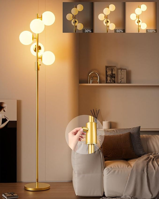 Lightdot Dimmable (Brightness Adjustable) Globe Floor Lamp, Gold Standing Lamps with 5PCS 3000K G9 Bulbs, Mid Century Modern Floor Lamp for Living Room Bedroom Office - LeafyLoom