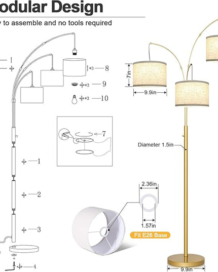 Nintiue Dimmable Floor Lamp - 3 Lights Gold Arc Floor Lamps for Living Room, 1000LM Modern Tall Standing Lamp with White Shades, Mid Century Tree Floor Lamp for Bedroom Office, 3 LED Bulbs Included - LeafyLoom