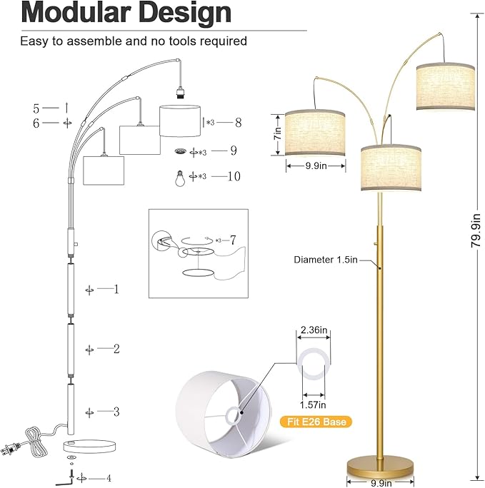 Nintiue Dimmable Floor Lamp - 3 Lights Gold Arc Floor Lamps for Living Room, 1000LM Modern Tall Standing Lamp with White Shades, Mid Century Tree Floor Lamp for Bedroom Office, 3 LED Bulbs Included - LeafyLoom