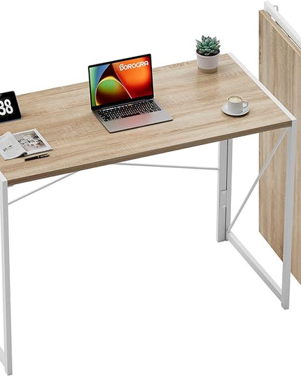 Coavas 39.4 inch Folding Desk No Assembly Required, Writing Computer Desk Space Saving Foldable Table Simple Home Office Desk, White Oak - LeafyLoom