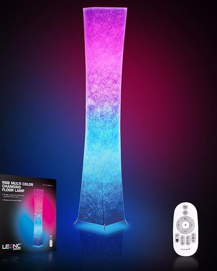 LEONC Design Floor Lamp, 65 inches LEONC Standing Lamp, RGB 7 Colors Changing LED Bulbs and 10 Levels Brightness, Remote Control and Fabric Shade, Modern for Bedroom, Kids Room&Play Room (RGB/Remote) - LeafyLoom
