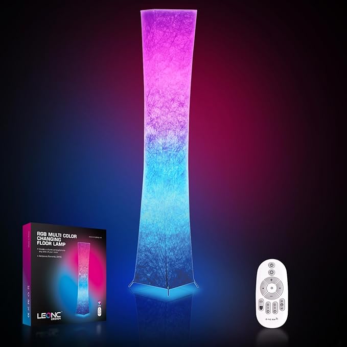 LEONC Design Floor Lamp, 65 inches LEONC Standing Lamp, RGB 7 Colors Changing LED Bulbs and 10 Levels Brightness, Remote Control and Fabric Shade, Modern for Bedroom, Kids Room&Play Room (RGB/Remote) - LeafyLoom