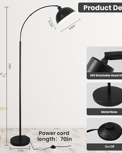Arc Floor Lamps for Living Room,Modern Tall Standing Lamp,Black Floor Lamp with Adjustable Hanging Dome Shade,Over Couch Mid Century Arched Reading Lamp for Bedroom,Office - LeafyLoom