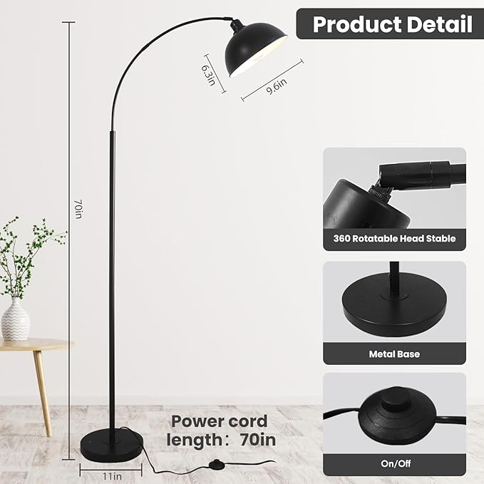 Arc Floor Lamps for Living Room,Modern Tall Standing Lamp,Black Floor Lamp with Adjustable Hanging Dome Shade,Over Couch Mid Century Arched Reading Lamp for Bedroom,Office - LeafyLoom