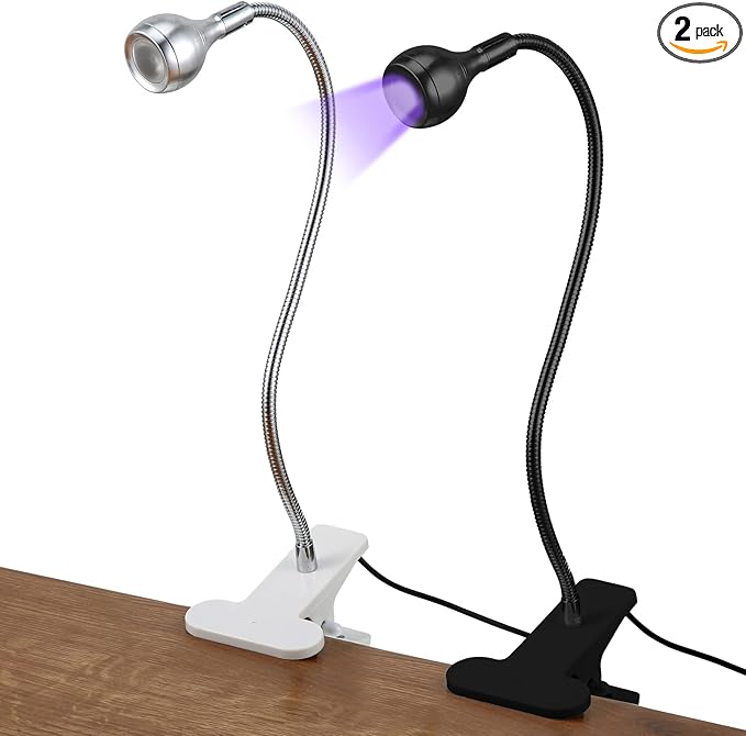 Big Chip 395nm UV LED Light Fixtures with Gooseneck and Clamp Mini Desk Light Clamp Portable Gooseneck for Outdoor Stall Gel Nail Curing, 5V USB Input(Black, Silver,2 Pieces) - LeafyLoom