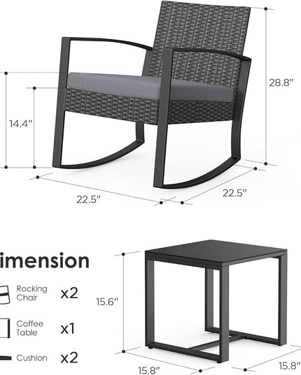 3 Piece Wicker Patio Furniture Set, Outdoor Rocking Chairs, Outdoor Furniture with Table & Cushions, Patio Chairs Balcony Porch Furniture, Gray - LeafyLoom
