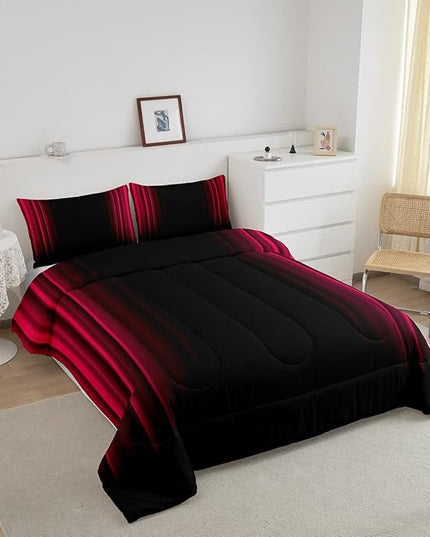 Feelyou Geometric Abstract Ombre Bedding Bed Set Men Adults Teens Vibrant Red and Black Striped Comforter Set Kids Boys Girls Simple Modern Comforter Inner Fill Bedroom Collection 3Pcs Queen Size - LeafyLoom