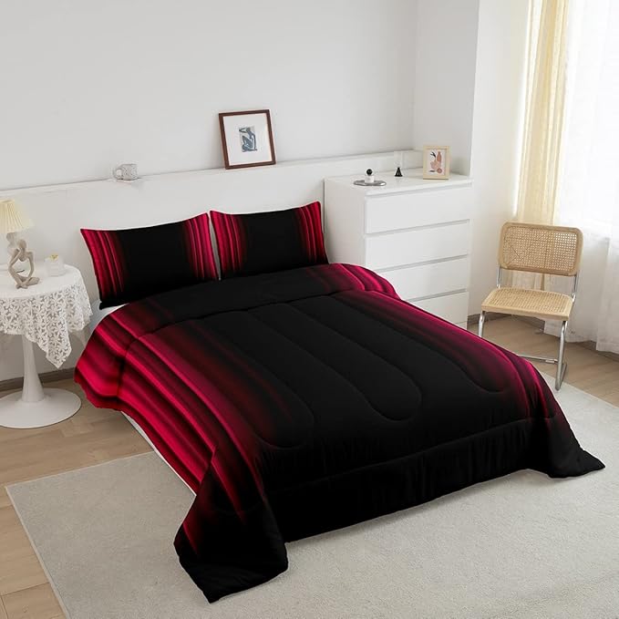 Geometric Abstract Ombre Bedding Bed Set Men Adults Teens Vibrant Red Black Striped Comforter Set Kids Boys Girls Simple Modern Comforter Collection 3Pcs Full Size Boys - LeafyLoom