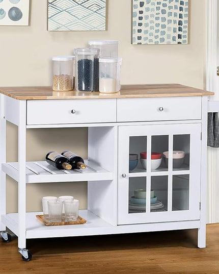 ChooChoo Rolling Kitchen Island, Portable Kitchen Cart Wood Top Kitchen Trolley with Drawers and Glass Door Cabinet, Wine Shelf, Towel Rack, White - LeafyLoom
