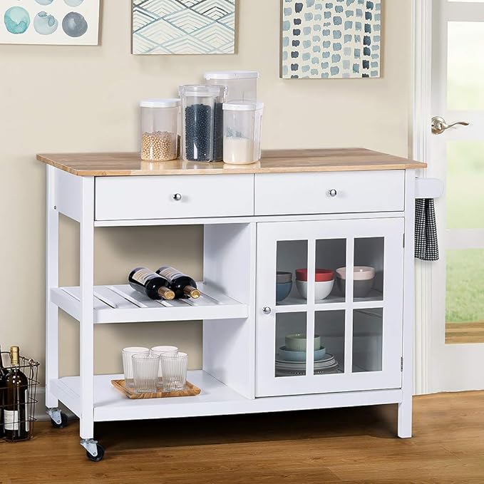 ChooChoo Rolling Kitchen Island, Portable Kitchen Cart Wood Top Kitchen Trolley with Drawers and Glass Door Cabinet, Wine Shelf, Towel Rack, White - LeafyLoom