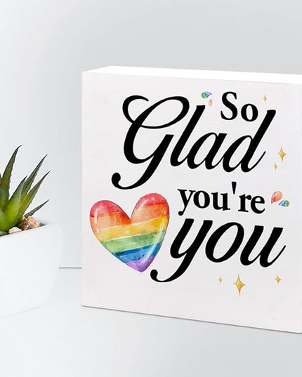 So Glad You're You Rainbow Heart Wood Box Sign Decor Desk Sign,Inspirational Affirmation Wooden Box Block Sign for Home Office Shelf Table Decor Decorations - LeafyLoom