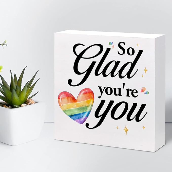 So Glad You're You Rainbow Heart Wood Box Sign Decor Desk Sign,Inspirational Affirmation Wooden Box Block Sign for Home Office Shelf Table Decor Decorations - LeafyLoom