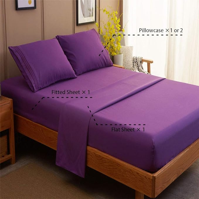 SONORO KATE Bed Sheet Set Super Soft Microfiber 1800 Thread Count Luxury Egyptian Sheets 16-Inch Deep Pocket Wrinkle -4 Piece(King Purple) - LeafyLoom