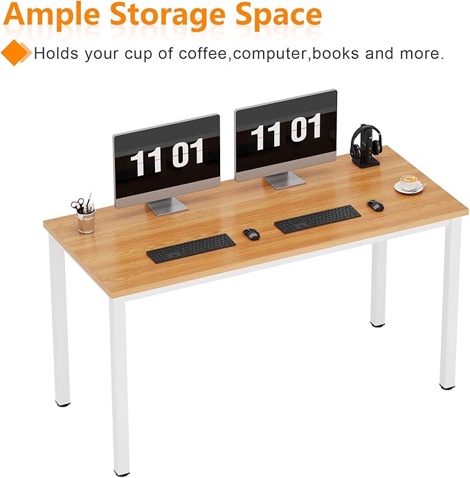 Need 55 Inch Large Computer Desk - Modern Simple Style Home Office Gaming Desk, Basic Writing Table for Study Student, White Metal Frame, Teak - LeafyLoom