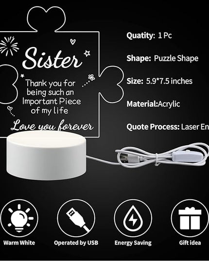 Puzzle Night Light Gift for Sister, Night Lamp with Plastic Base, Gifts On Birthday Christmas Day for Sister - LeafyLoom