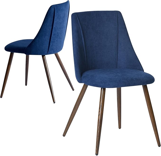 FurnitureR Dining Chairs Set of 2, Upholstered Side Chairs Fabric Armless Living Room Accent Chair with Soft Seat/Metal Legs, Mid-Back Chairs for Home Kitchen Restaurant, Dark Blue - LeafyLoom