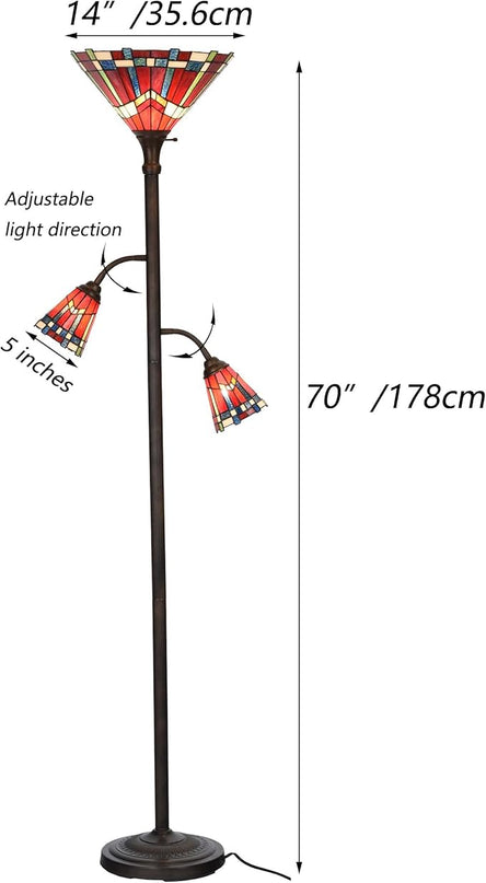 Bieye L10835 Mission Tiffany Style Stained Glass Floor Lamp for Reading Working Decorating, 3-Lights, 70 inches Tall - LeafyLoom