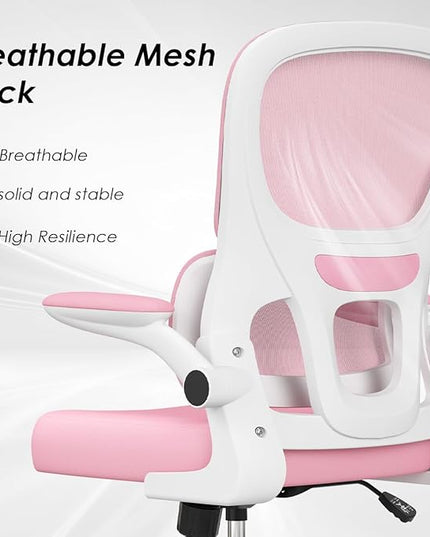 Soohow Ergonomic Home Office Chair, Mesh Desk Chair with Lumbar Support, Comfy Computer Desk Chair with Flip Armrest Rolling Wheels, Pink. - LeafyLoom