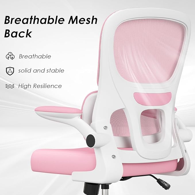 Soohow Ergonomic Home Office Chair, Mesh Desk Chair with Lumbar Support, Comfy Computer Desk Chair with Flip Armrest Rolling Wheels, Pink. - LeafyLoom