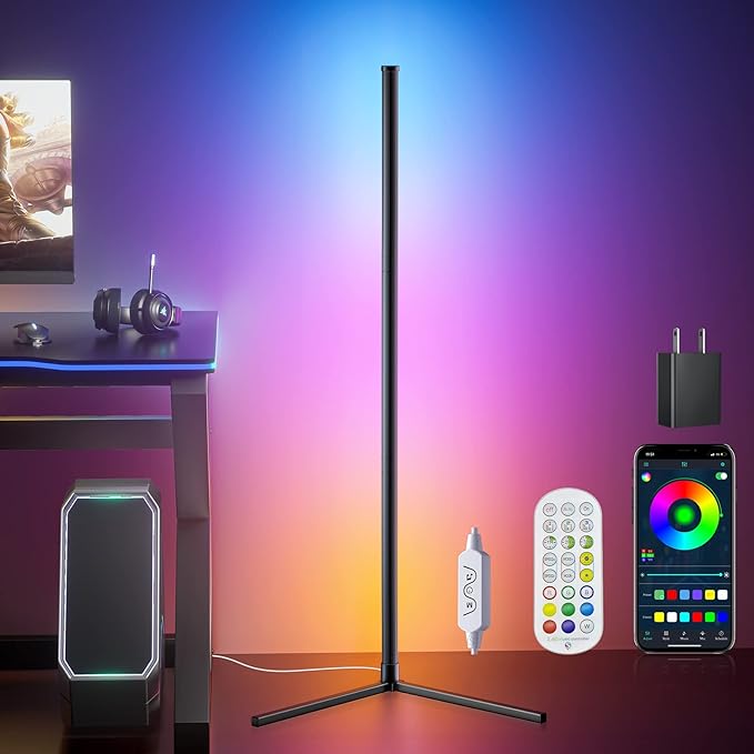 bedee LED Corner Floor Lamp: 50" RGB 16 Million Color Changing Floor Lamp with Music Sync, Modern Standing Ambient Light with APP & Remote Control, DIY Modes & Timer for Living Room Gaming Room Decor - LeafyLoom
