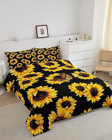 Feelyou Sunflower Bedding Set Girls Yellow Floral Butterfly Comforter Chic Flowers Comforter Set for Kids Teens Botanical Nature Duvet Set Soft Room Decor King Size Boys - LeafyLoom