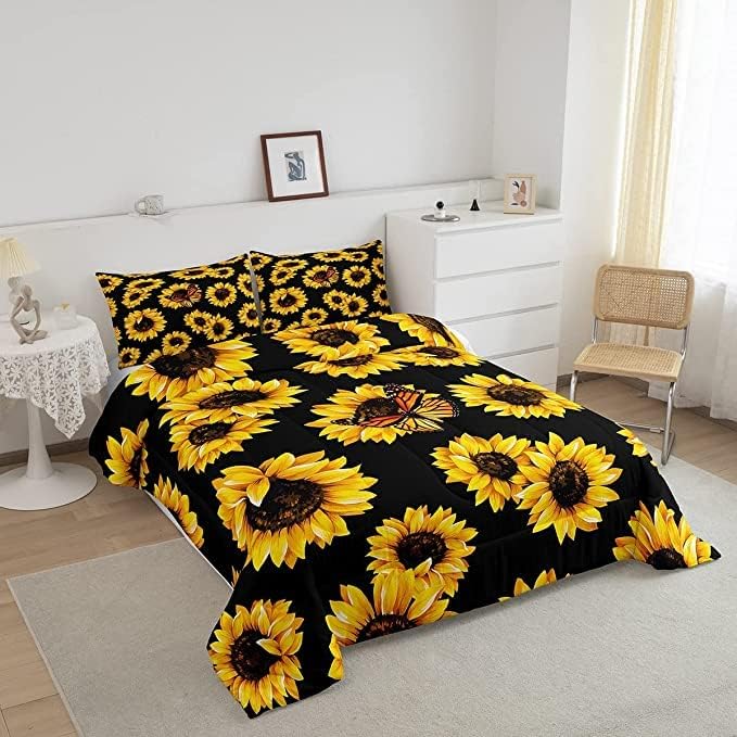 Feelyou Sunflower Bedding Set Girls Yellow Floral Butterfly Comforter Chic Flowers Comforter Set for Kids Teens Botanical Nature Duvet Set Soft Room Decor King Size Boys - LeafyLoom