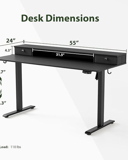 55 x 24 Inches Electric Standing Desk with 2 Storage Drawers, Stand Up Desk Adjustable Height, Sit and Stand Computer Table with Splice Board, Black - LeafyLoom