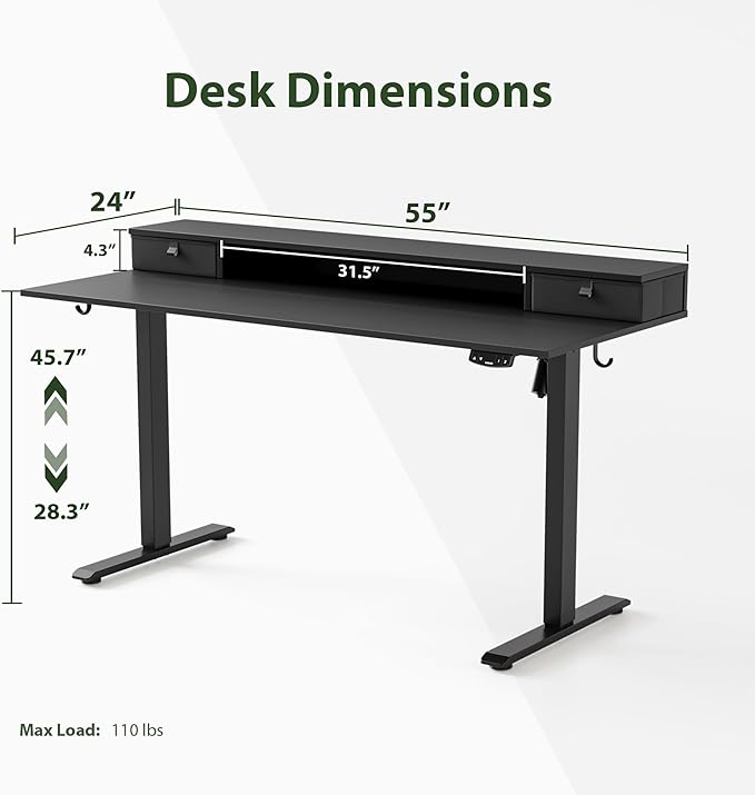 55 x 24 Inches Electric Standing Desk with 2 Storage Drawers, Stand Up Desk Adjustable Height, Sit and Stand Computer Table with Splice Board, Black - LeafyLoom