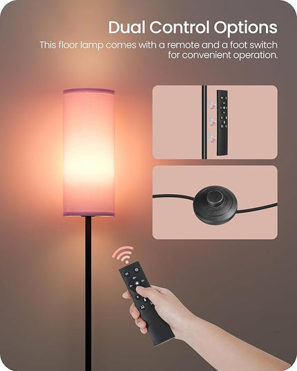 Dimmable Floor Lamp for Living Room, Corner Floor Lamp with Remote, 66'' Standing Tall Lamp, Linen Lampshade, 10W 800LM LED Bulb for Bedroom Study, FCC Listed Black and Pink P06LD05 - LeafyLoom