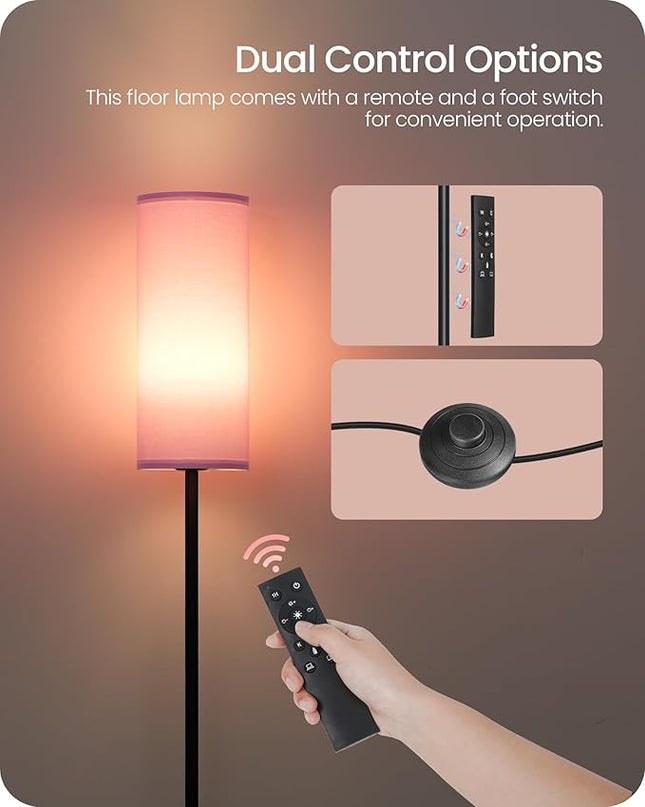 Dimmable Floor Lamp for Living Room, Corner Floor Lamp with Remote, 66'' Standing Tall Lamp, Linen Lampshade, 10W 800LM LED Bulb for Bedroom Study, FCC Listed Black and Pink P06LD05 - LeafyLoom