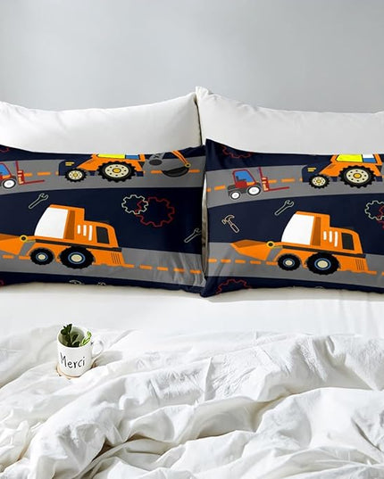 Kids Equipment Trucks Comforter Boys Excavators Bedding Set Construction Site Vehicle Car Decor Comforter Set Tractor Orange Black Grey QuiltCollection 3Pcs Full Size Boys - LeafyLoom