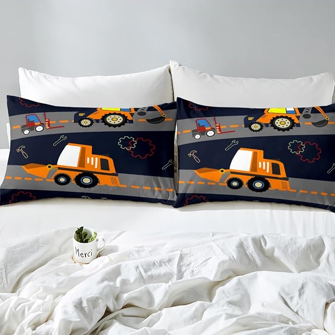 Kids Equipment Trucks Comforter Boys Excavators Bedding Set Construction Site Vehicle Car Decor Comforter Set Tractor Orange Black Grey QuiltCollection 3Pcs Full Size Boys - LeafyLoom