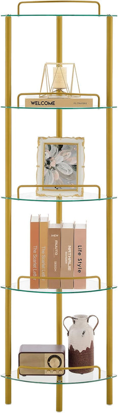 5-Tier Corner Shelf Stand, Gold Corner Bookshelf, Bathroom Organizer, Plant Stand, Tempered Glass Shelves, Modern Style for Living Room, Bedroom, Kitchen, Home Office, Metallic Gold - LeafyLoom