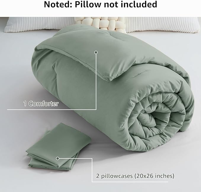 CozyLux Sage Green Comforter Set Queen Size, 3 Pieces Solid Breathable Quilted Style Bedding Sets, Luxury Fluffy Soft Microfiber Comforter for All Season(1 Comforter & 2 Pillowcases) - LeafyLoom