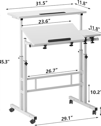 soges Mobile Laptop Sit-Stand Desk, Height Adjustable Standing Tiltable Top Desk, 31.5 inch Stand Up Computer Desk for Home Office, Small Rolling Desk with Cup Holder for Small Space, White - LeafyLoom