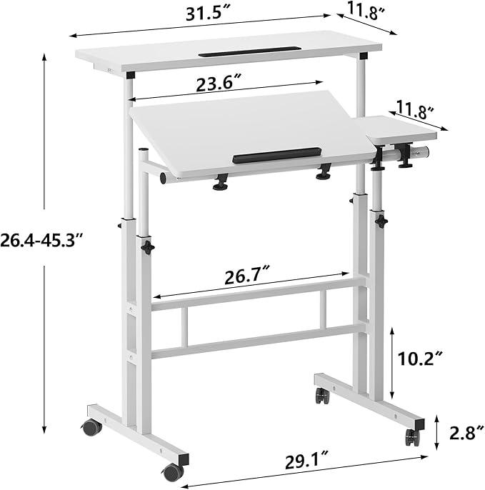 soges Mobile Laptop Sit-Stand Desk, Height Adjustable Standing Tiltable Top Desk, 31.5 inch Stand Up Computer Desk for Home Office, Small Rolling Desk with Cup Holder for Small Space, White - LeafyLoom
