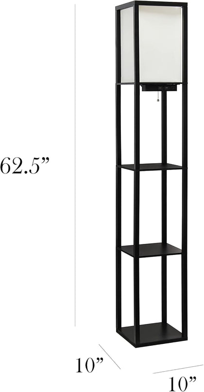 Simple Designs LF1037-BLK-LB Three Shelf Etagere Organizer Storage Floor Lamp with 2 Dual USB Ports and Charging Outlet, Black, with Feit LED Bulb Included - LeafyLoom