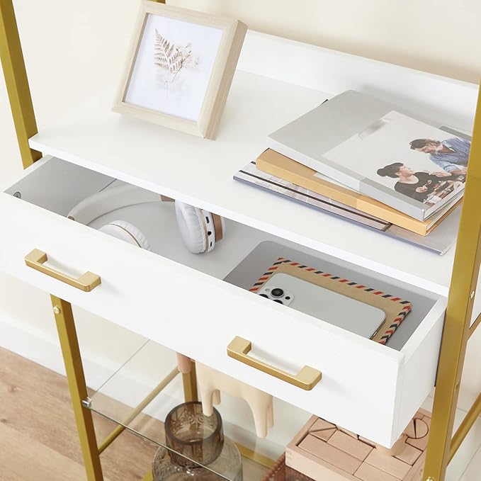 HOOBRO 5 Tier Bookcase, White and Gold Bookshelf with Drawer, Storage Shelves with Charging Station, Tempered Glass Bookshelf with Metal Frame, Open Display Shelves for Living Room, Gold DW65USJ01 - LeafyLoom